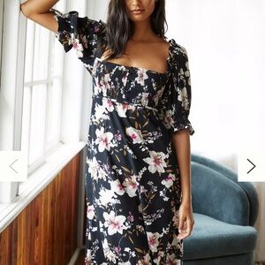 By Anthropologie Puff-Sleeve Smocked Midi Dress